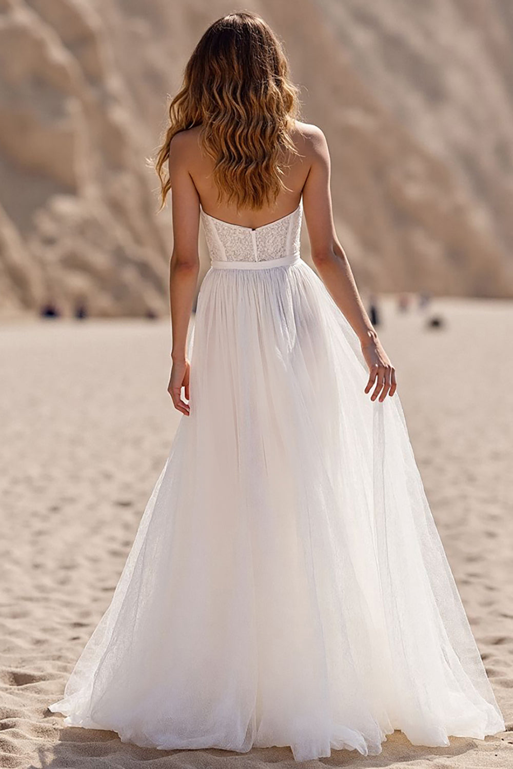 Ivory Corset Tulle Sweetheart Sweep Train Wedding Dress with Lace