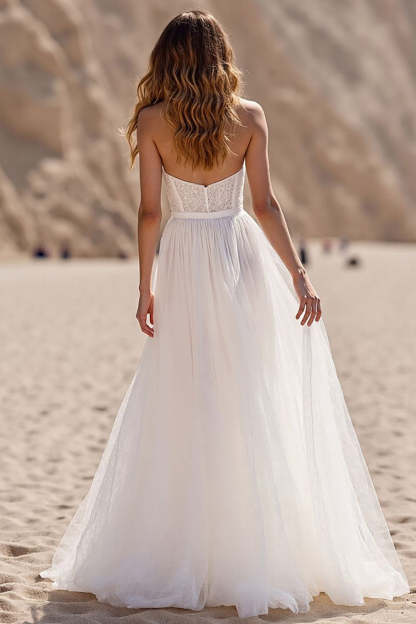 Ivory Corset Tulle Sweetheart Sweep Train Wedding Dress with Lace