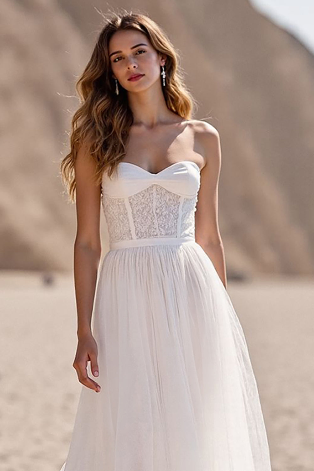 Ivory Corset Tulle Sweetheart Sweep Train Wedding Dress with Lace