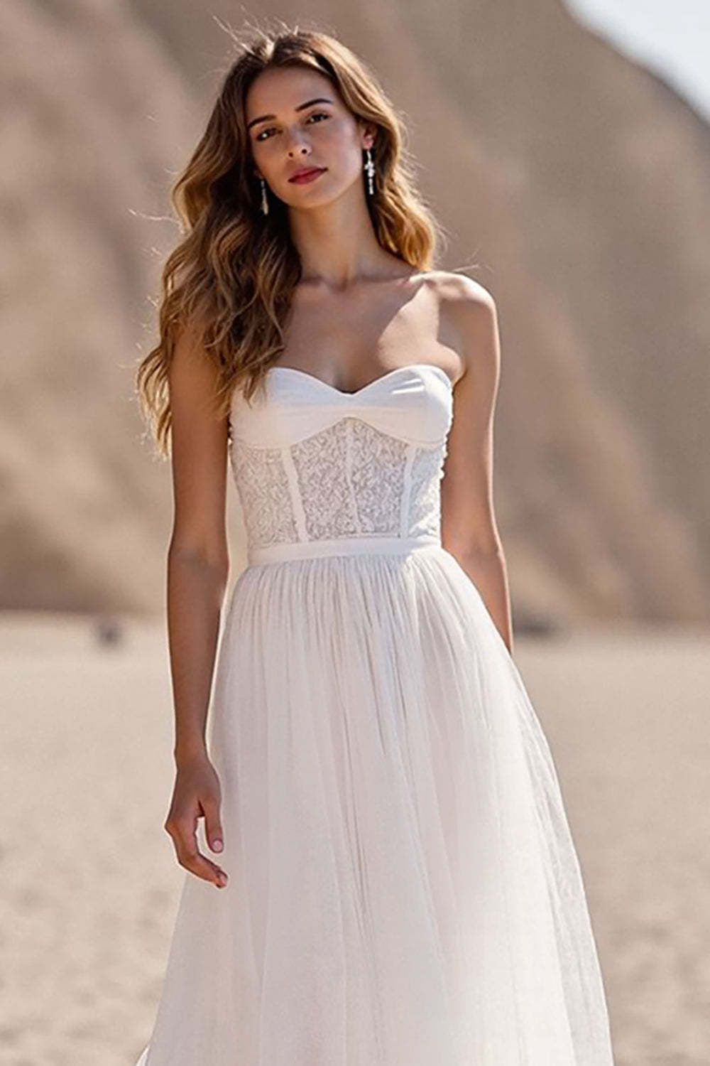 Ivory Corset Tulle Sweetheart Sweep Train Wedding Dress with Lace