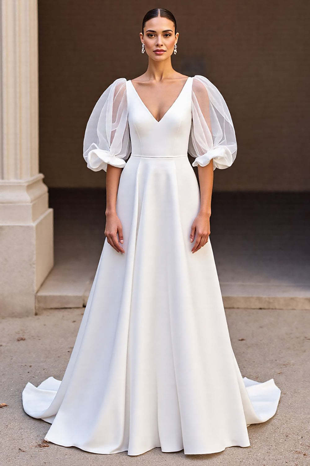 Leely Women Ivory Satin Sweep Train Wedding Dress with Sleeves V-Neck A Line Backless Bridal Dress