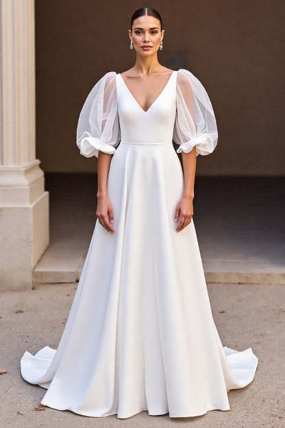Leely Women Ivory Satin Sweep Train Wedding Dress with Sleeves V-Neck A Line Backless Bridal Dress