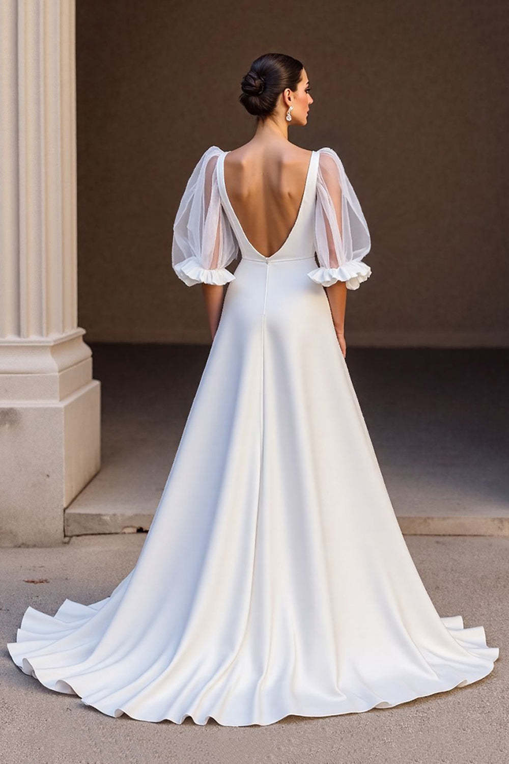 Ivory V-Neck Satin A Line Sweep Train Wedding Dress with Sleeves