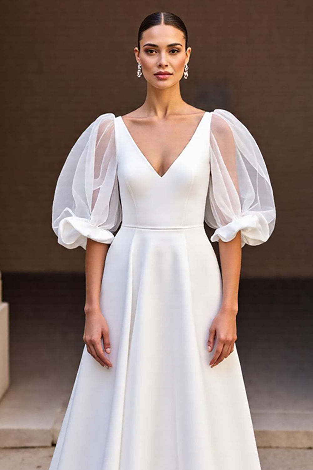 Ivory V-Neck Satin A Line Sweep Train Wedding Dress with Sleeves
