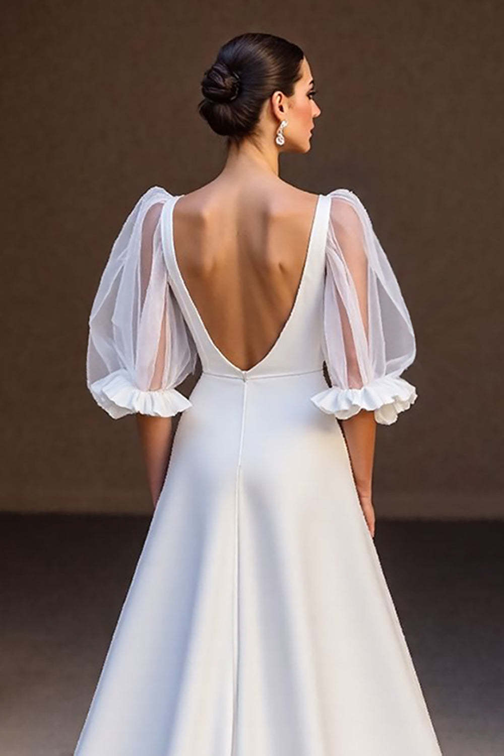 Ivory V-Neck Satin A Line Sweep Train Wedding Dress with Sleeves