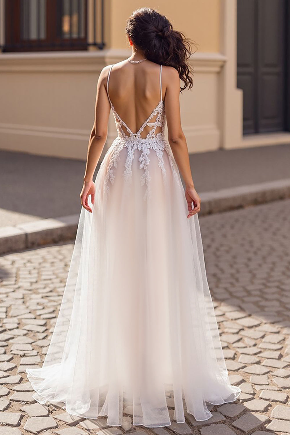 Ivory Deep V-Neck Boho Tulle Sweep Train Wedding Dress with Appliques