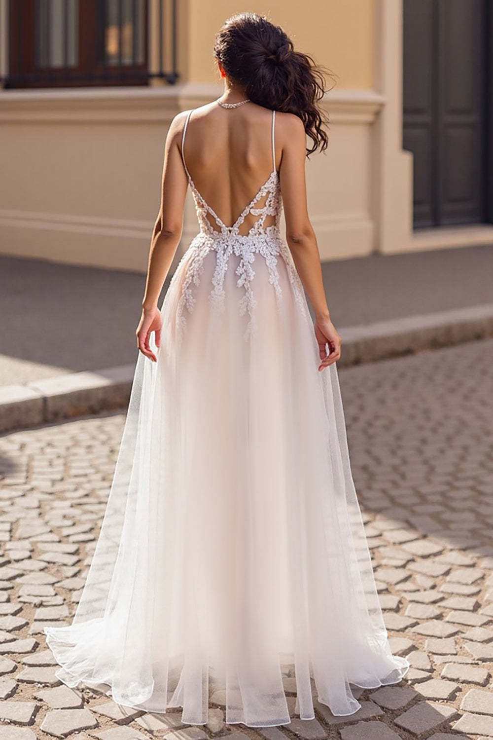 Ivory Deep V-Neck Boho Tulle Sweep Train Wedding Dress with Appliques