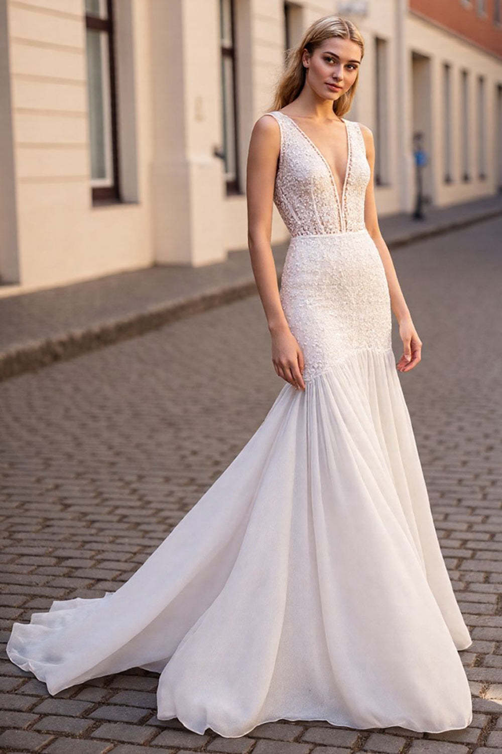 Leely Women Ivory Chiffon Sweep Train Wedding Dress with Lace Deep V-Neck Mermaid Backless Bridal Dress