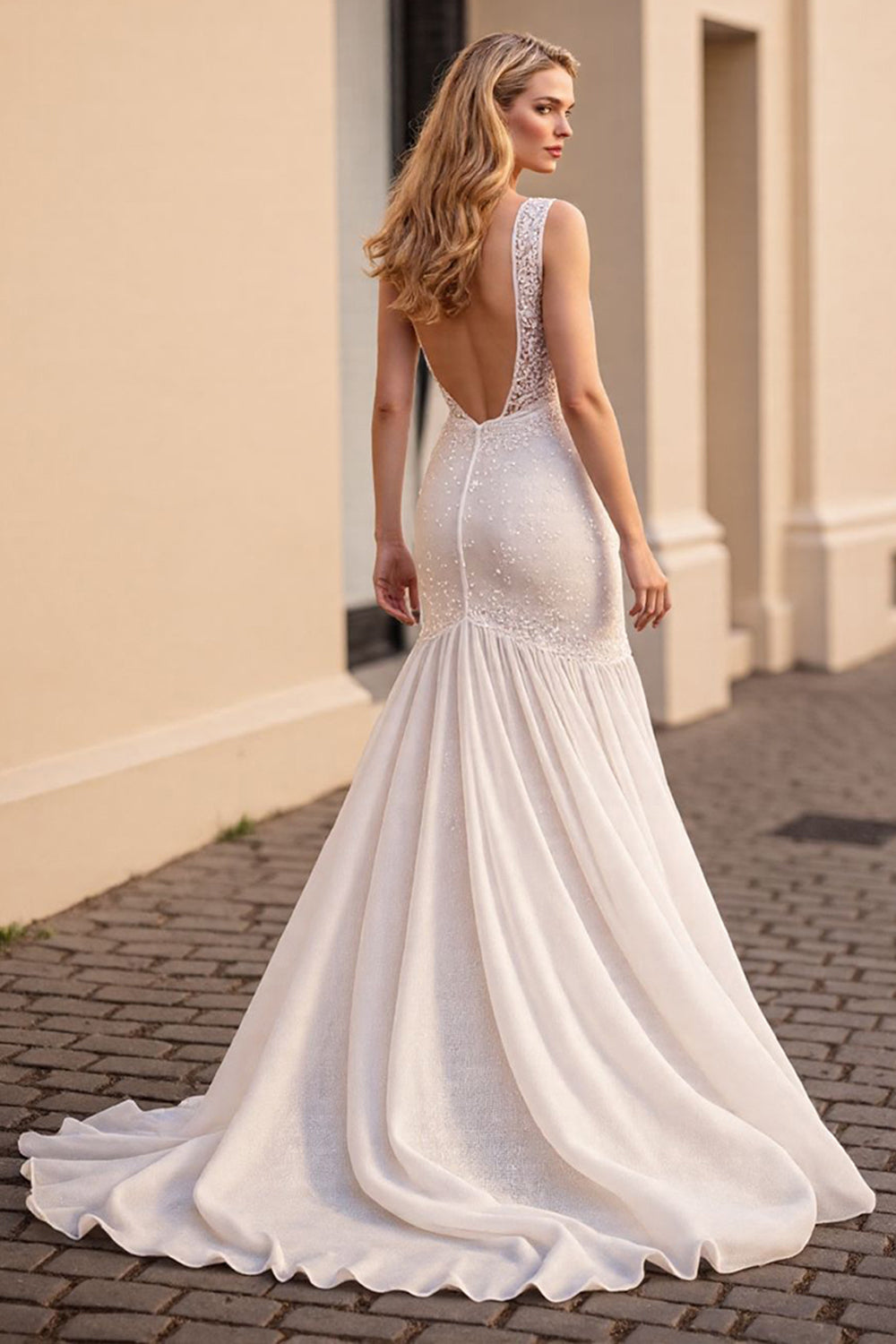 Ivory Chiffon Mermaid Sweep Train Wedding Dress with Lace