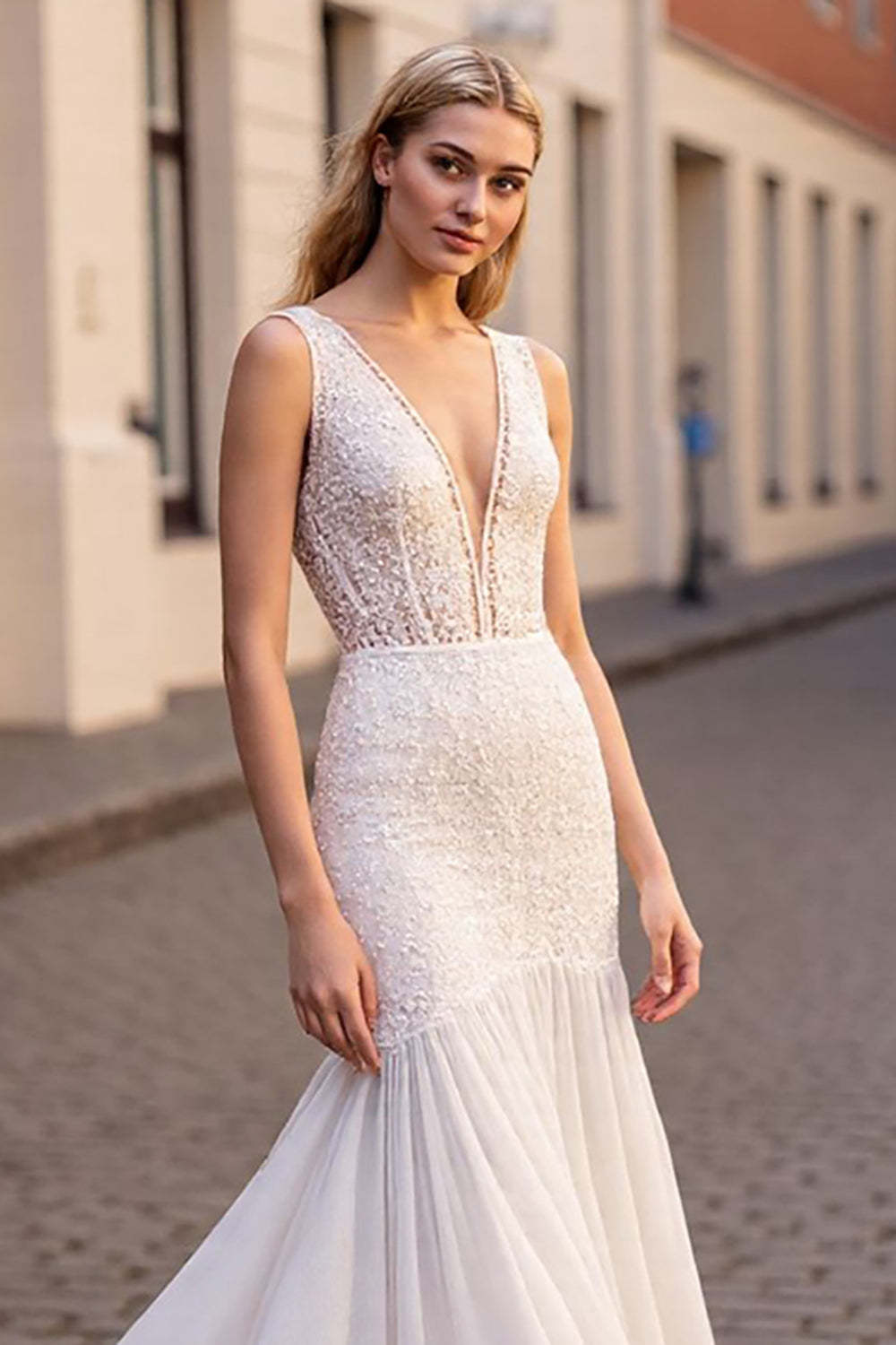 Ivory Chiffon Mermaid Sweep Train Wedding Dress with Lace