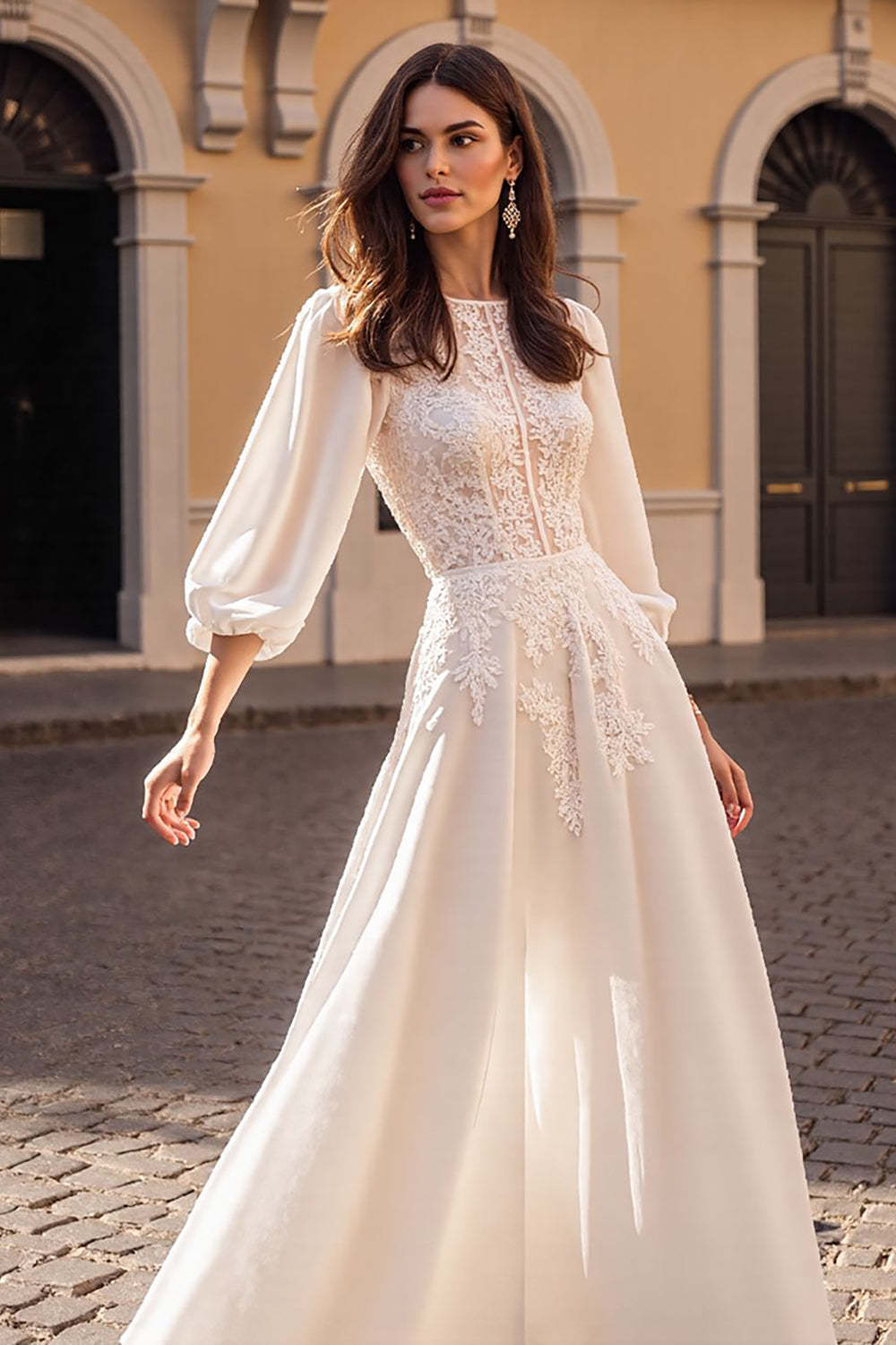 Ivory Corset A Line Half Sleeves Satin Vintage Wedding Dress with Appliques