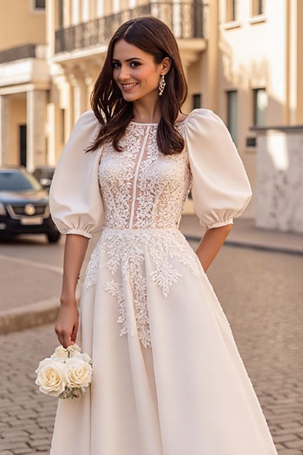 Ivory Corset A Line Half Sleeves Satin Vintage Wedding Dress with Appliques