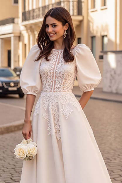 Ivory Corset A Line Half Sleeves Satin Vintage Wedding Dress with Appliques