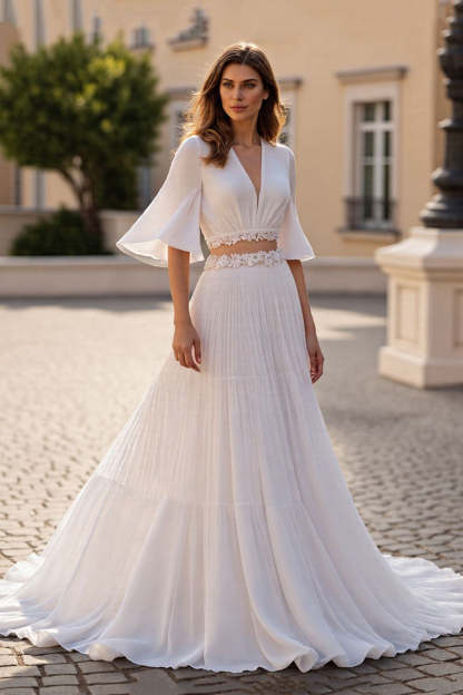 Leely Women Ivory 2 Piece Boho Sweep Train Wedding Dress A Line Chiffon V-Neck Half Sleeves Bridal Dress with Appliques