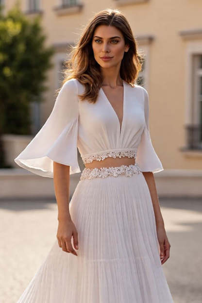 Ivory 2 Piece Chiffon Half Sleeves Boho Sweep Train Wedding Dress