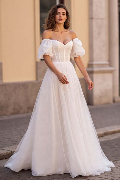 Leely Women Simple Ivory Tulle Corset Wedding Dress A Line Puff Sleeves Bridal Dress