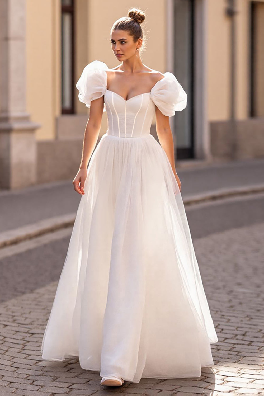Ivory Tulle Corset Puff Sleeves A Line Wedding Dress