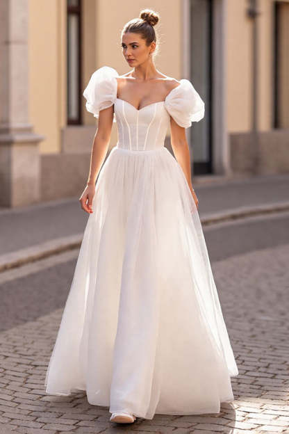 Ivory Tulle Corset Puff Sleeves A Line Wedding Dress