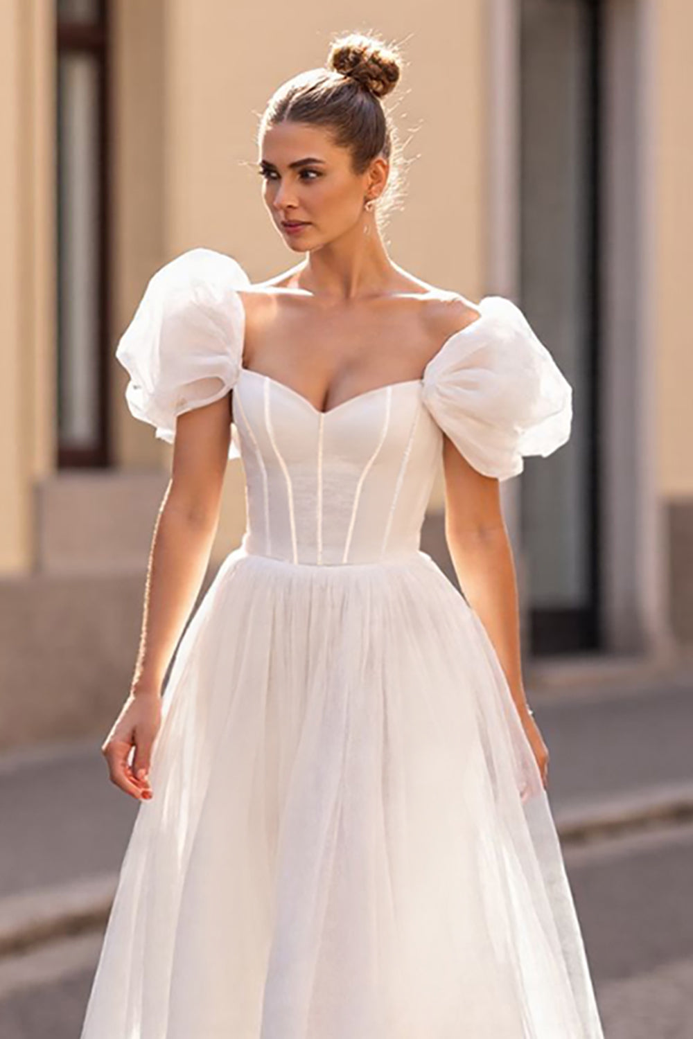Ivory Tulle Corset Puff Sleeves A Line Wedding Dress