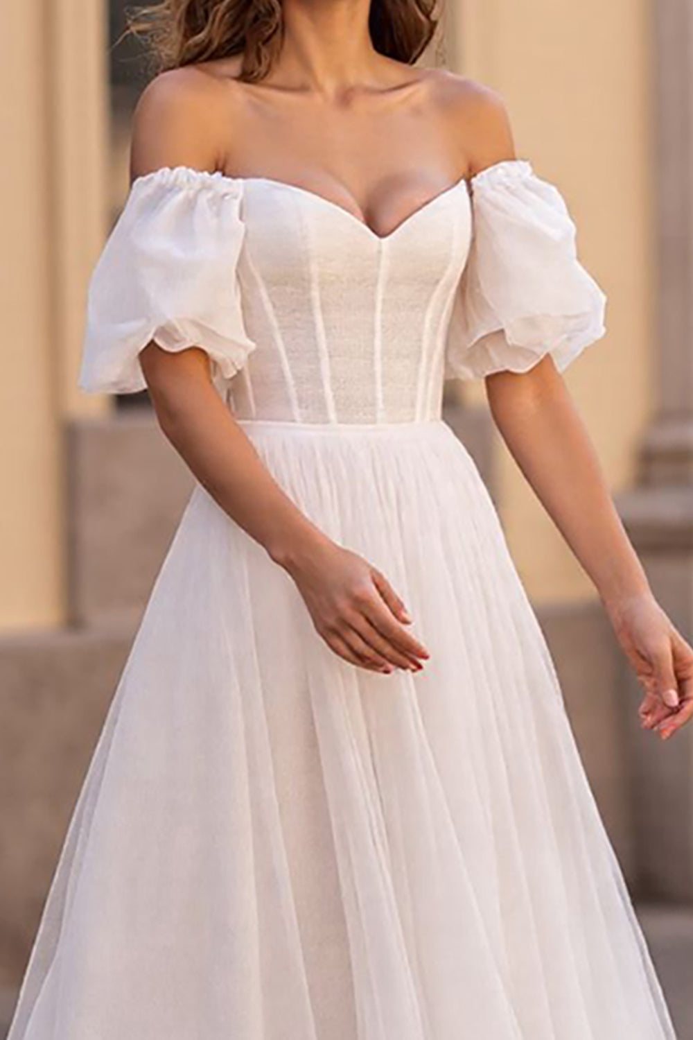 Ivory Tulle Corset Puff Sleeves A Line Wedding Dress