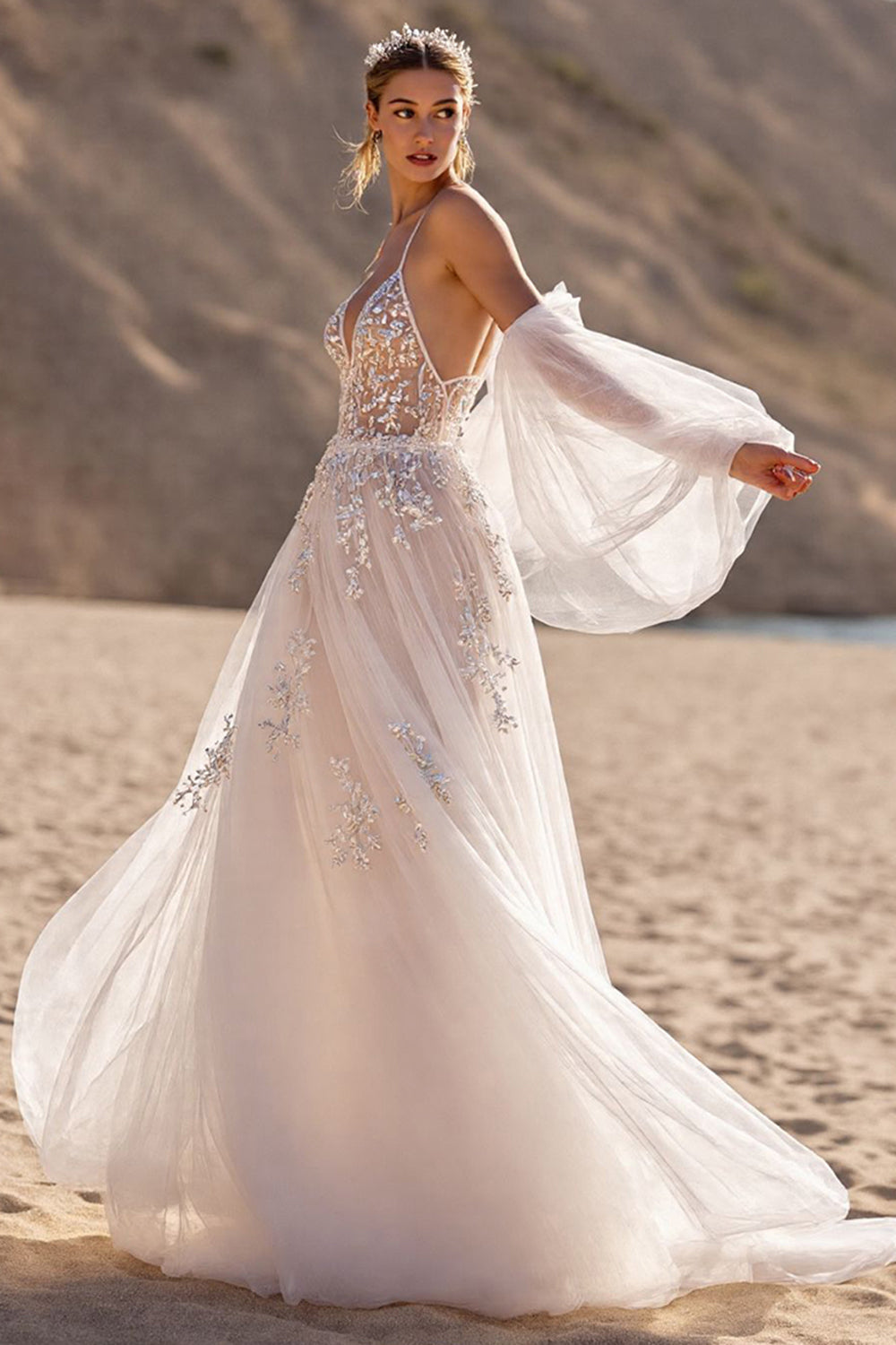 Ivory Backless Tulle Sweep Train Wedding Dress with Sleeves