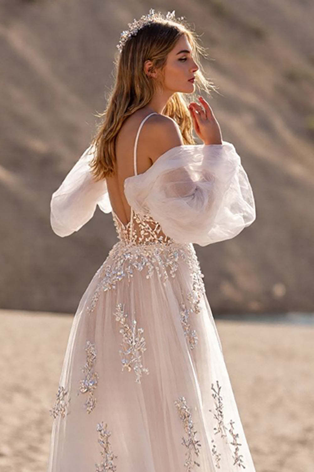 Ivory Backless Tulle Sweep Train Wedding Dress with Sleeves