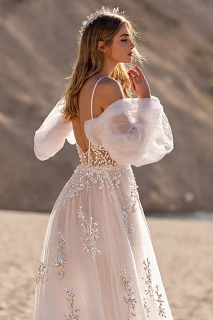 Ivory Backless Tulle Sweep Train Wedding Dress with Sleeves