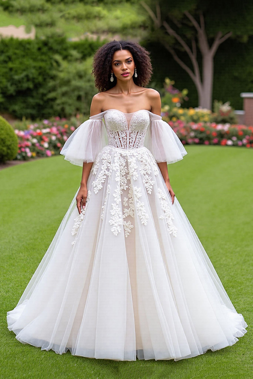 Ivory Ruffled Tulle Corset A Line Sweep Train Wedding Dress with Sleeves