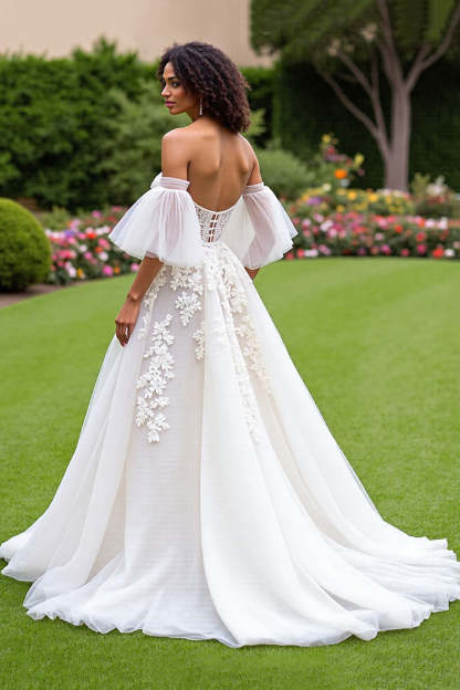 Ivory Ruffled Tulle Corset A Line Sweep Train Wedding Dress with Sleeves