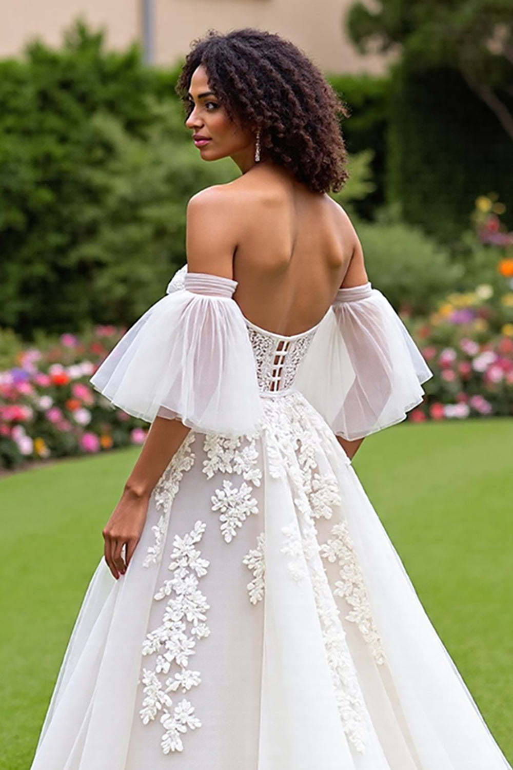 Ivory Ruffled Tulle Corset A Line Sweep Train Wedding Dress with Sleeves