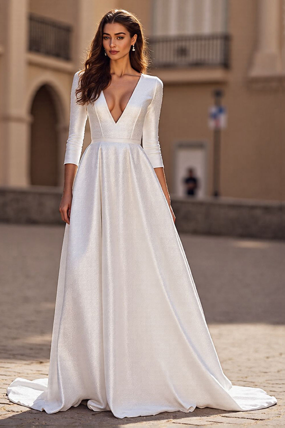 Simple Ivory V-Neck Satin 3/4 Sleeves A Line Sweep Train Wedding Dress