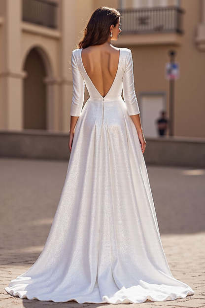 Simple Ivory V-Neck Satin 3/4 Sleeves A Line Sweep Train Wedding Dress