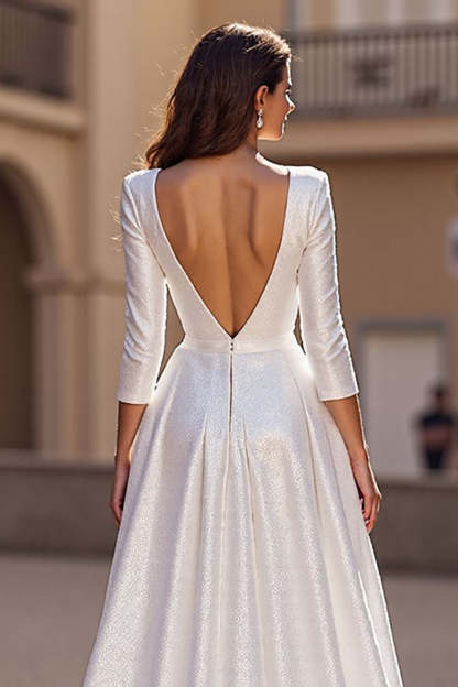 Simple Ivory V-Neck Satin 3/4 Sleeves A Line Sweep Train Wedding Dress
