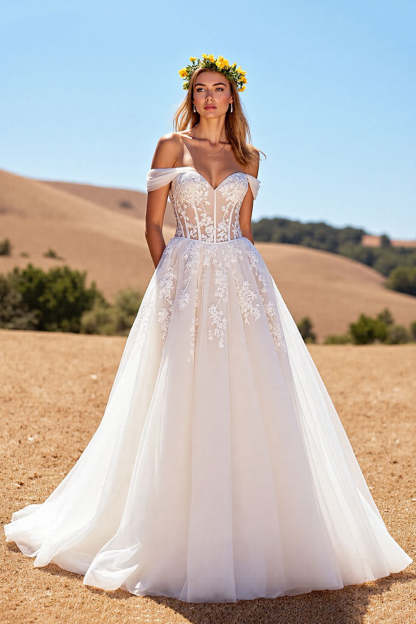 Leely Women Ivory A-Line Sweep Train Wedding Dress with Lace Corset Tulle Off the Shoulder Illusion Back Bridal Dress