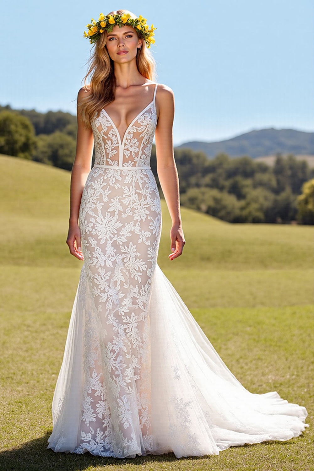 Leely Women Ivory Corset Lace Sweep Train Wedding Dress Spaghetti Straps Mermaid Backless Bridal Dress