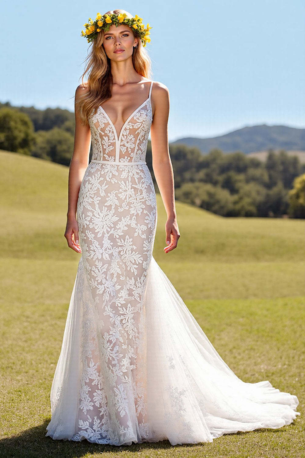 Leely Women Ivory Corset Lace Sweep Train Wedding Dress Spaghetti Straps Mermaid Backless Bridal Dress