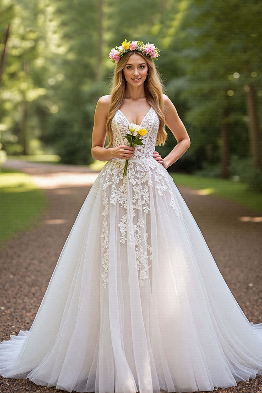 Leely Women Ivory Corset Sweep Train Wedding Dress with Lace Backless V-Neck Tulle A-Line Bridal Dress
