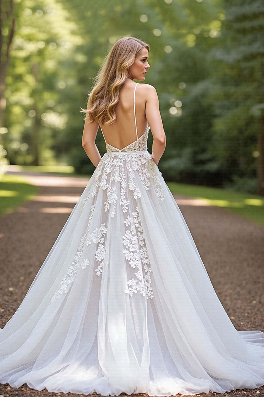 Ivory A-Line Corset Tulle Sweep Train Wedding Dress with Lace