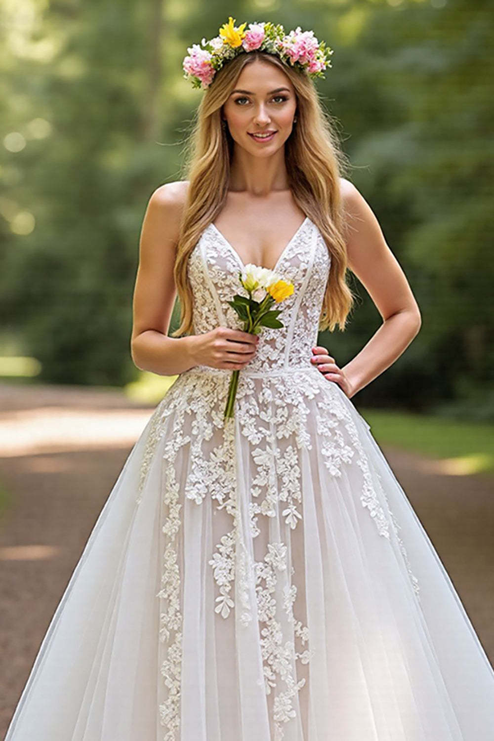 Ivory A-Line Corset Tulle Sweep Train Wedding Dress with Lace
