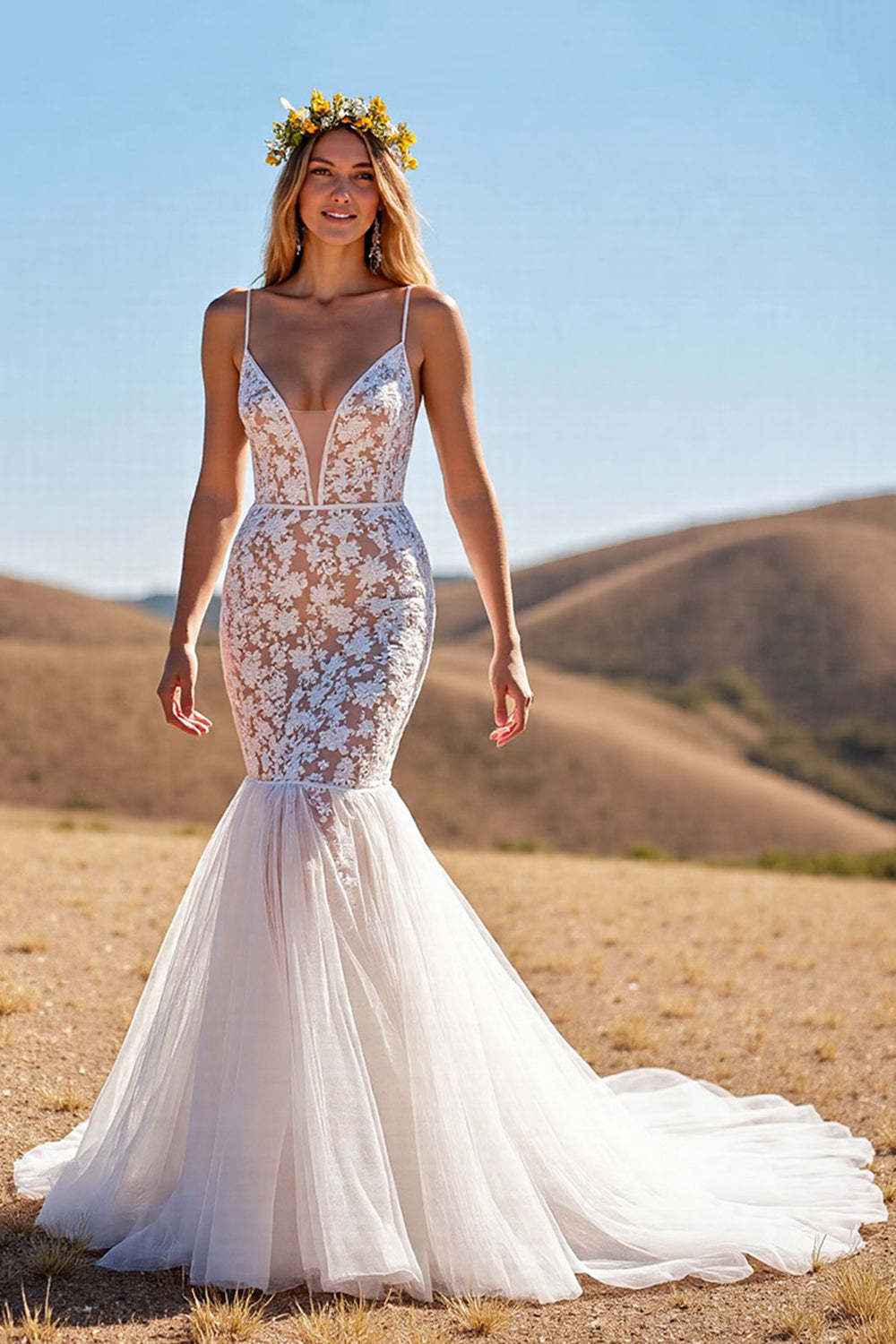 Leely Women Ivory Tulle Sweep Train Wedding Dress with Lace Mermaid Spaghetti Straps Backless Bridal Dress