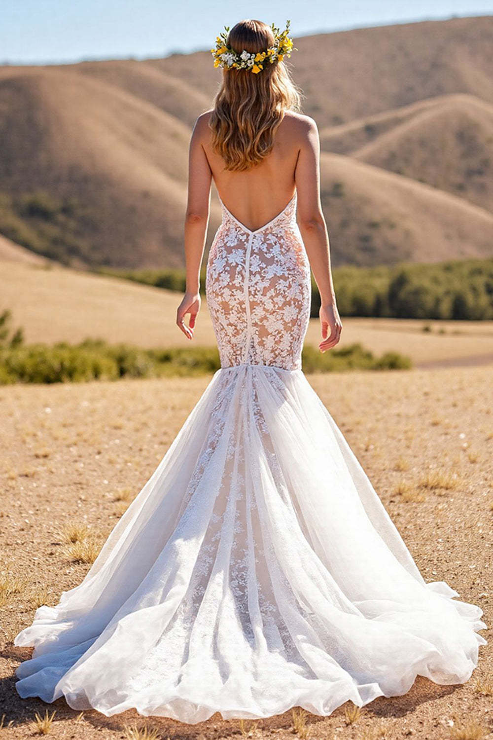 Tulle Mermaid Ivory Sweep Train Wedding Dress with Lace