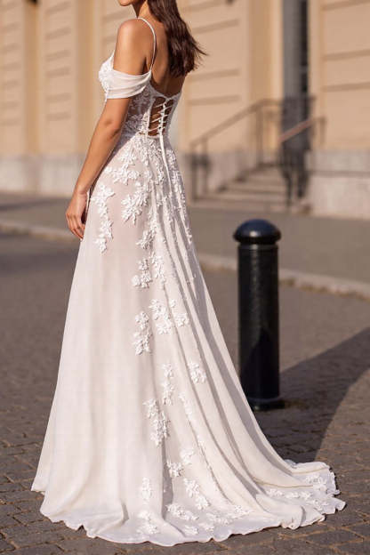 Ivory Boho Corset Sweep Train Chiffon Wedding Dress with Appliques