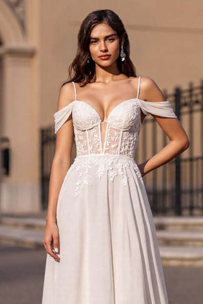 Ivory Boho Corset Sweep Train Chiffon Wedding Dress with Appliques