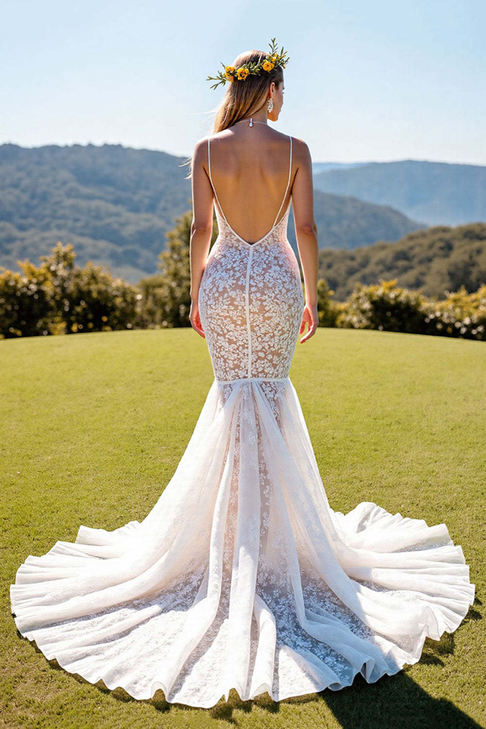 Ivory Lace Mermaid Corset Spaghetti Straps Sweep Train Wedding Dress