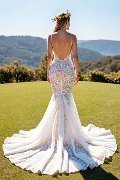 Ivory Lace Mermaid Corset Spaghetti Straps Sweep Train Wedding Dress