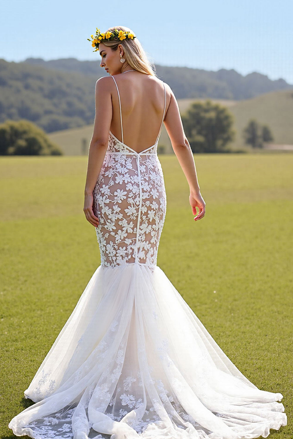 Lace Ivory Deep V-Neck Mermaid Sweep Train Wedding Dress