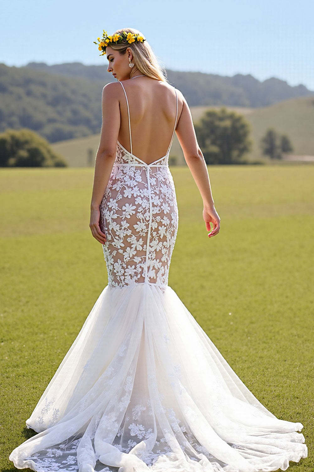 Lace Ivory Deep V-Neck Mermaid Sweep Train Wedding Dress
