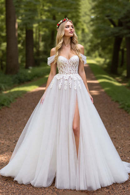 Leely Women Ivory Sweep Train Wedding Dress with Slit A-Line Tulle Off the Shoulder Bridal Dress with Lace