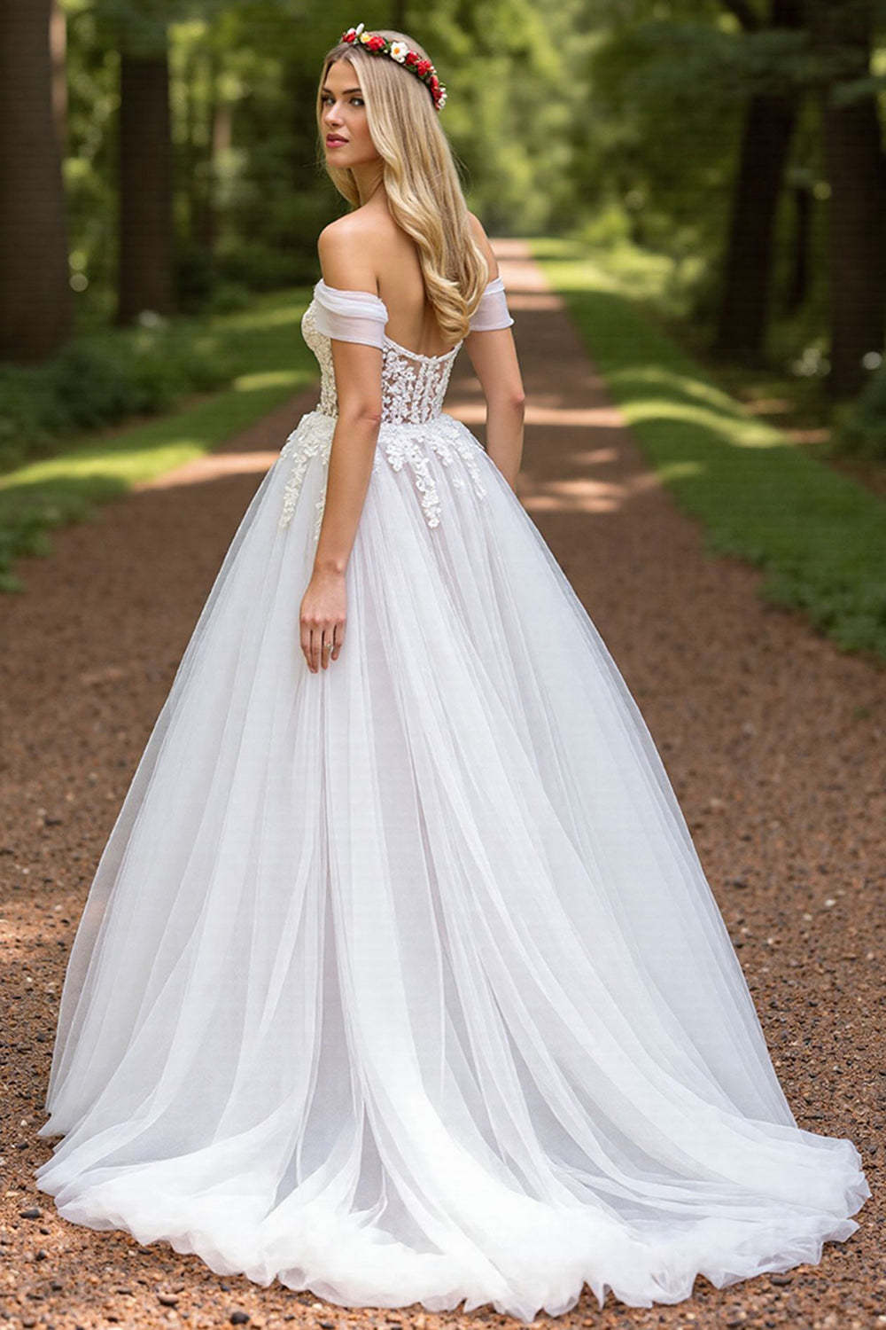 Tulle A-Line Ivory Sweep Train Wedding Dress with Slit