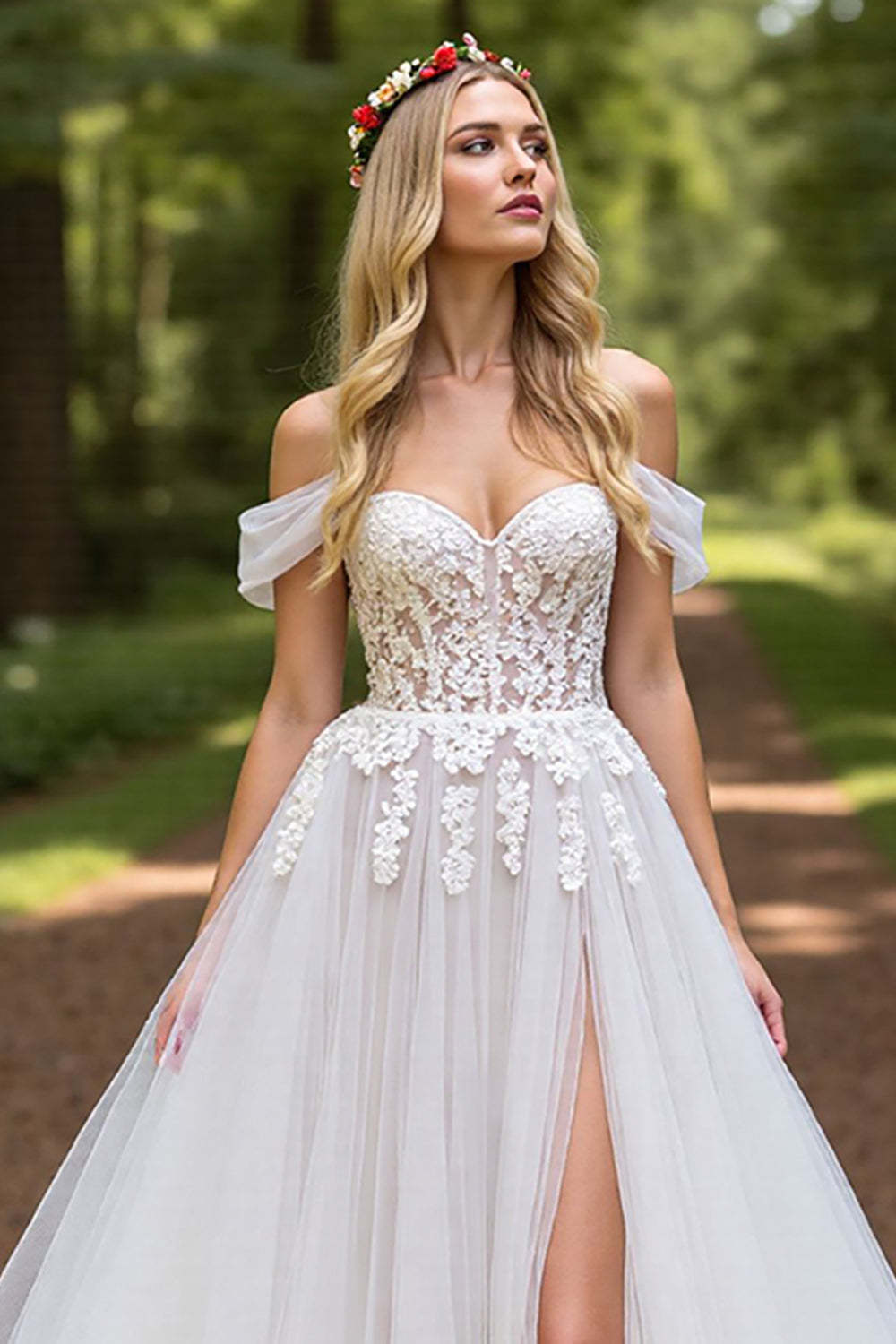 Tulle A-Line Ivory Sweep Train Wedding Dress with Slit